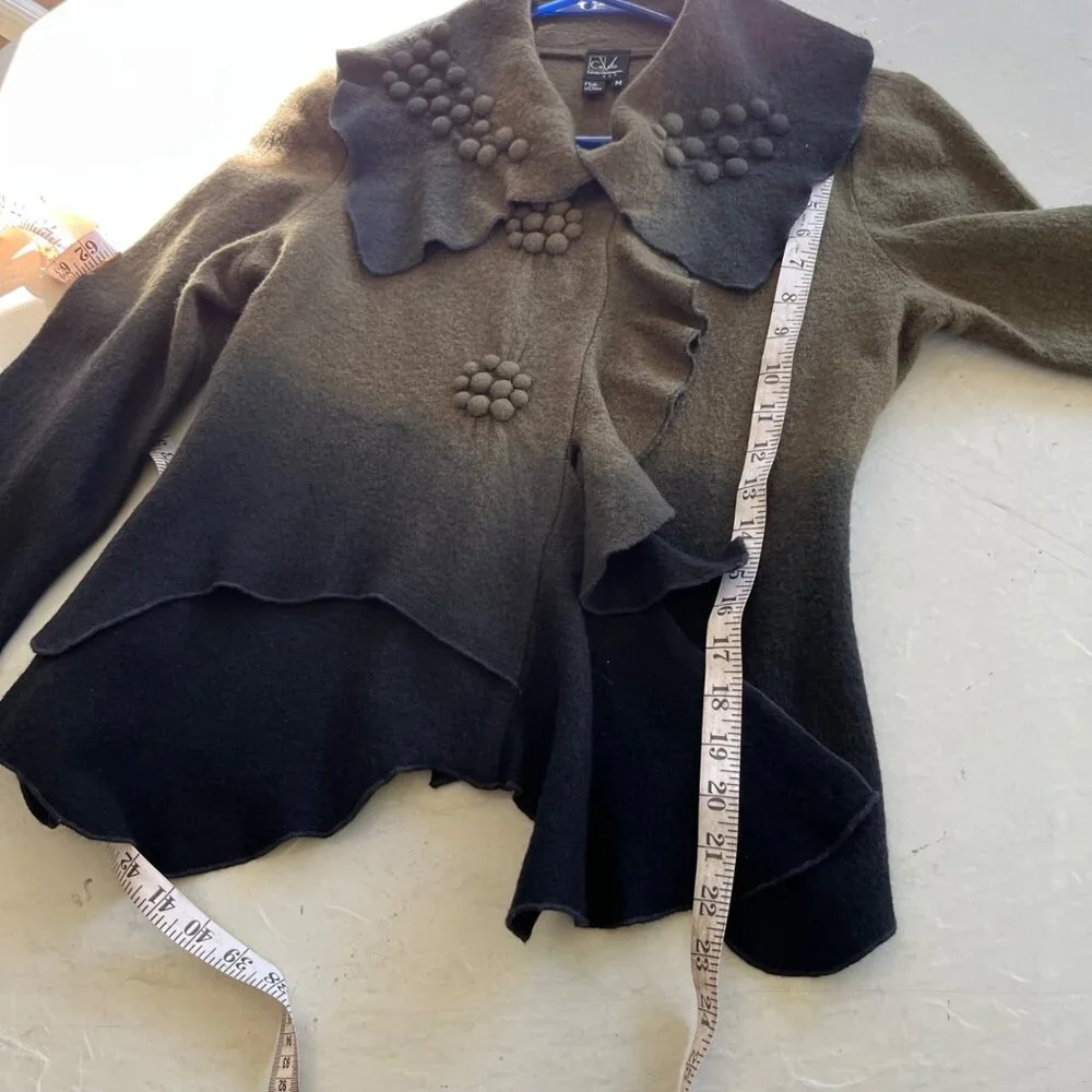 Vintage y2k CoVelo Green Fairy Cottagecore Art To Wear Boiled Wool Jacket Size M - Picture 6 of 9